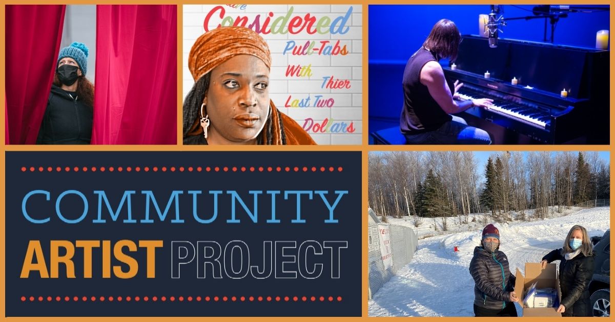Community Artist Project 5 images, 3 across the top, 2 on bottom. Of Hope cover, Quaratine Sister Circle Poster, still from One Story, Many Voices, CAPs, The World As Family