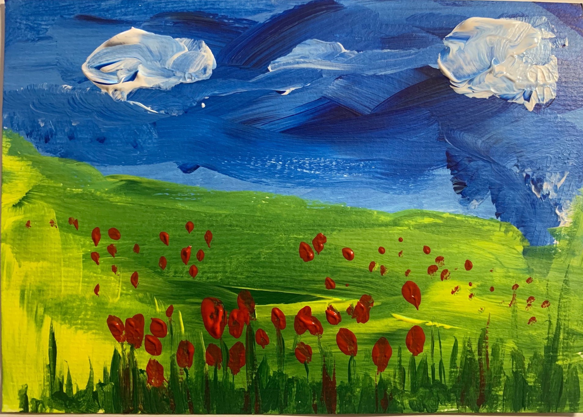 painted square of a field of roses with a blue sky