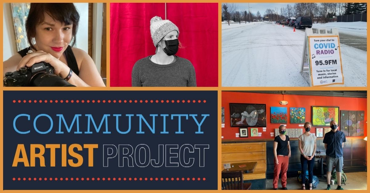 Community Artist Project 5 images, 3 across the top, 2 on bottom. Of Hope cover, Quaratine Sister Circle Poster, still from One Story, Many Voices, CAPs, The World As Family