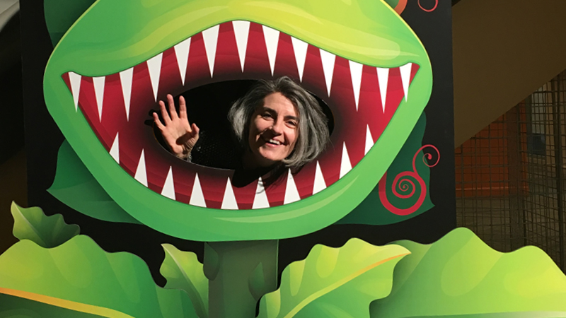 Don't eat the plants! Lorraine Hebert says hello from a lobby sign she made