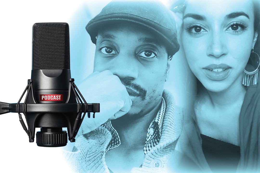 podcast mic and closeup of man and woman